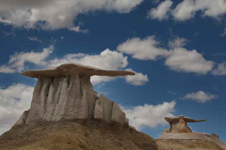 Wing rock formations in the desert at the Bisti Badlands, New Mexico