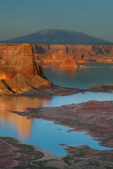 Lake Powell, from the Utah side, with Gunsight Butte at middle-left and Navajo Mt. in the distance