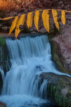 A waterfall flows over the old dam on Fossil Creek, Arizona in autumn