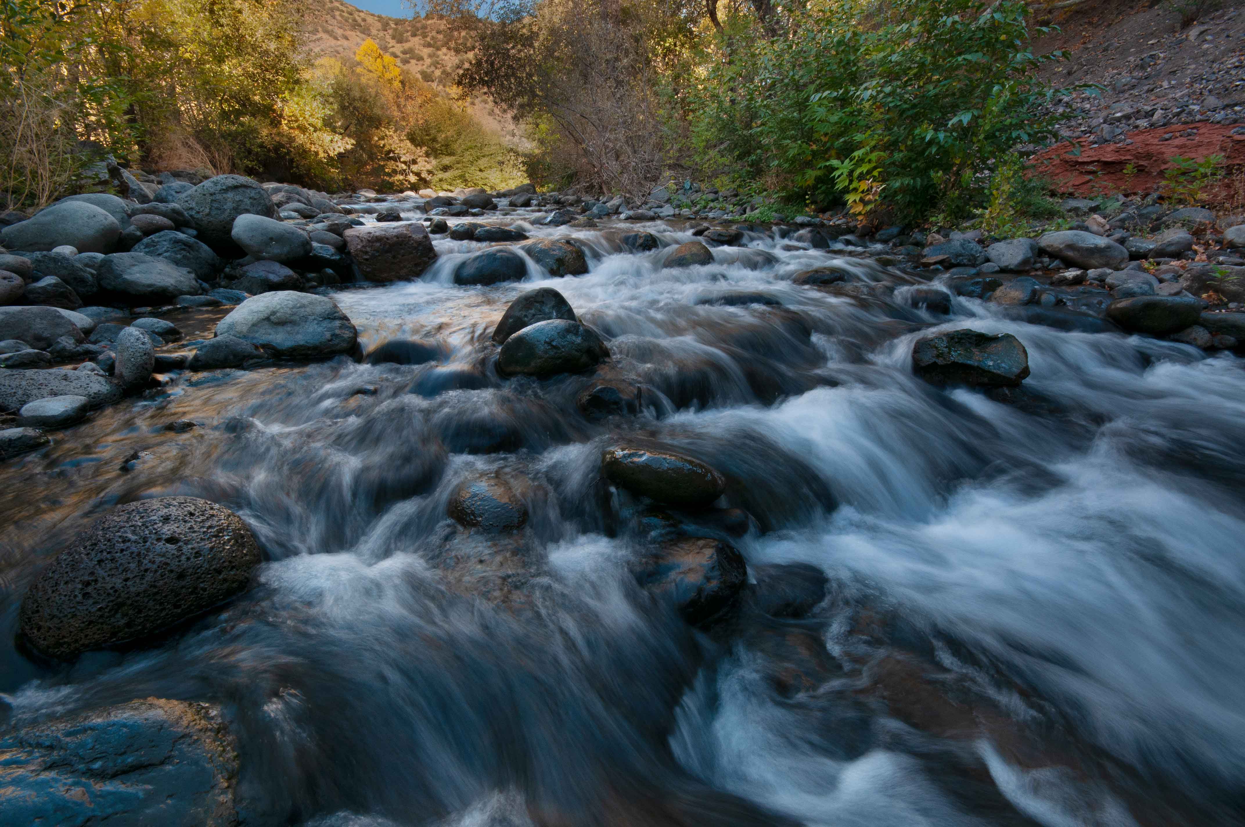 Rocks, rapids, water and trees in West Clear Creek, Arizona