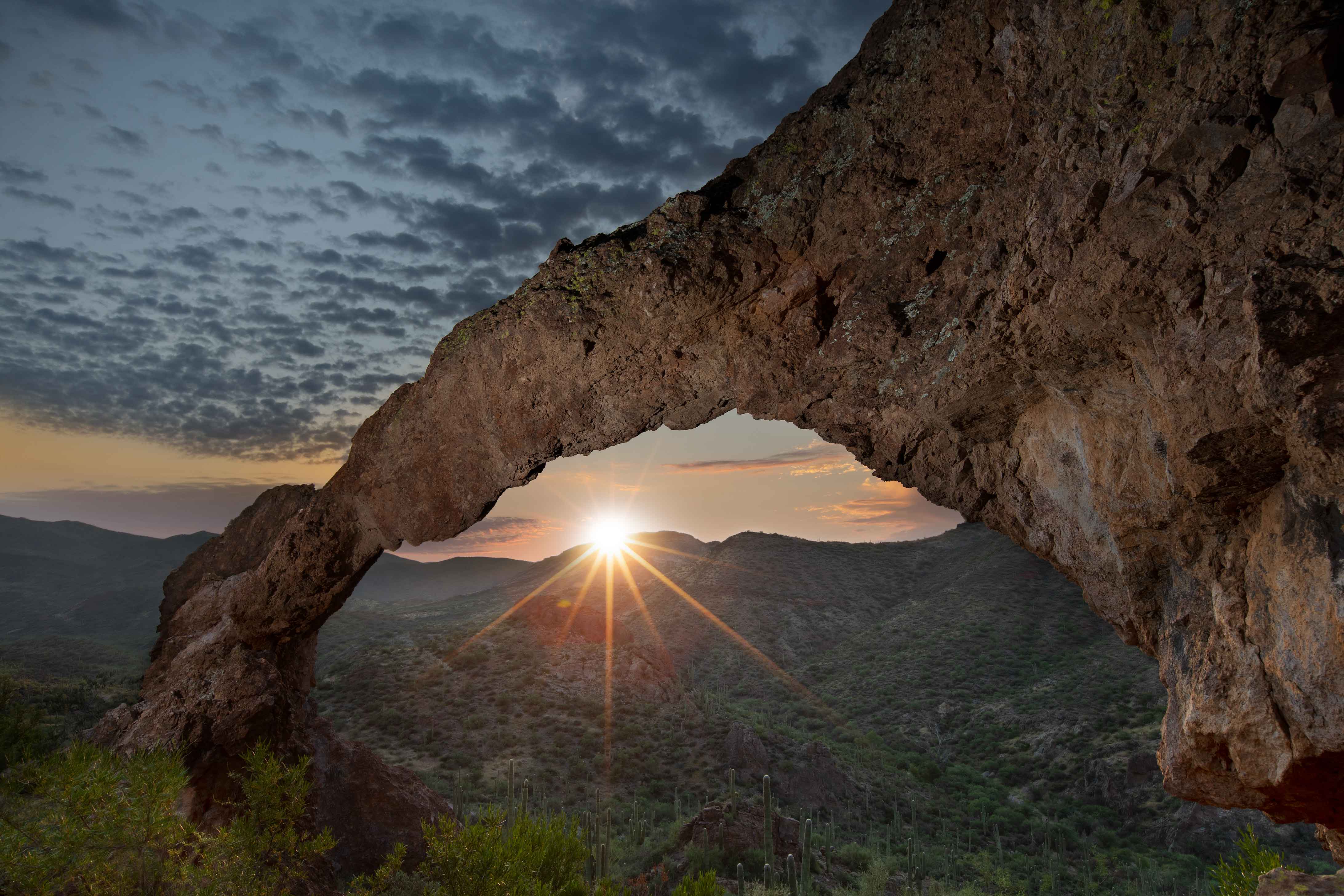 Sunrise at Elephant Arch in Hewitt Canyon in the Superstition Mts. of southern Arizona
