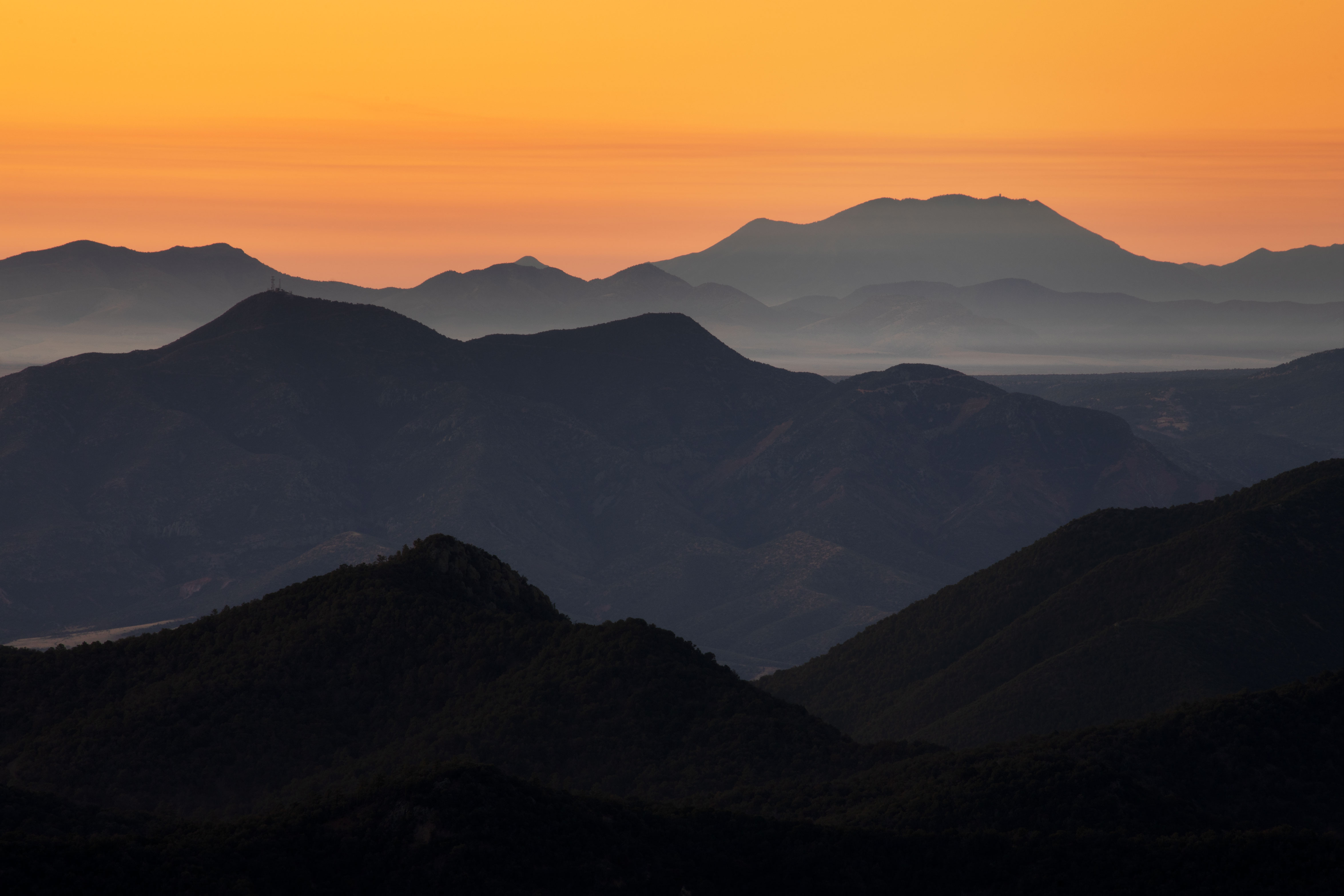 From high in the Santa Rita Mts. looking southeast toward other southern Arizona ranges (49 minutes after sunrise).