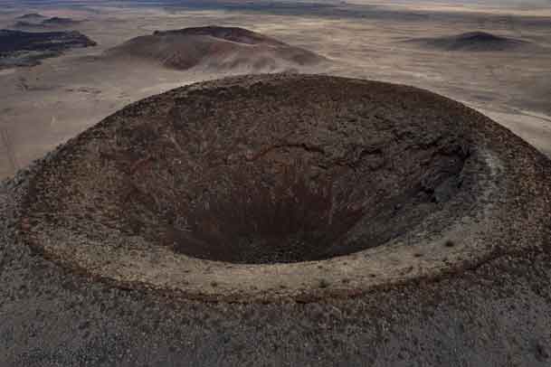 Drone photo looking into the cone of SP Crater, an ancient volcano in northern Arizona.