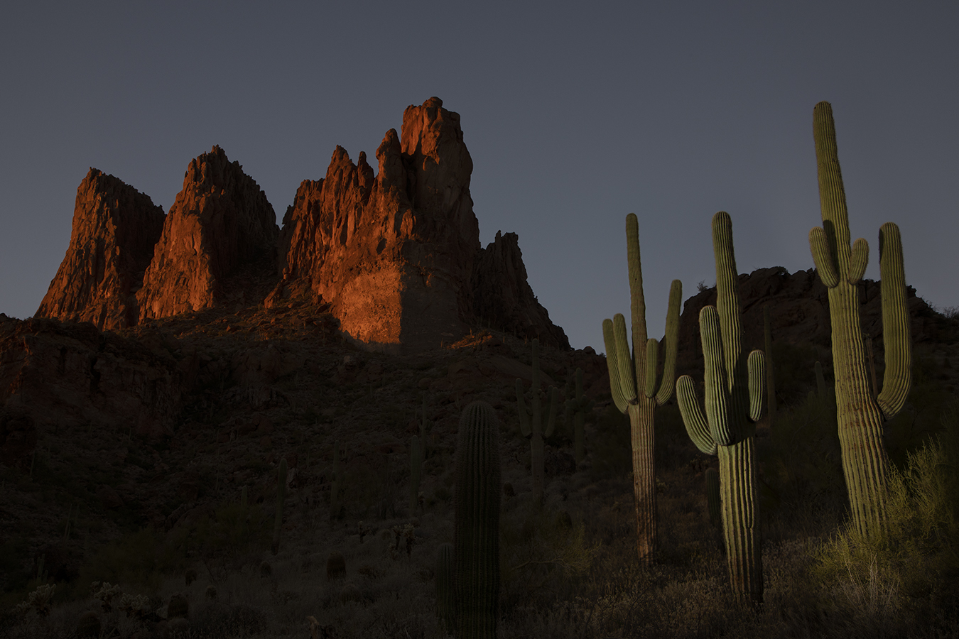 Three saguaros beneath Three Sisters in the Superstition Mts., Arizona (sunset with flash for foreground)
