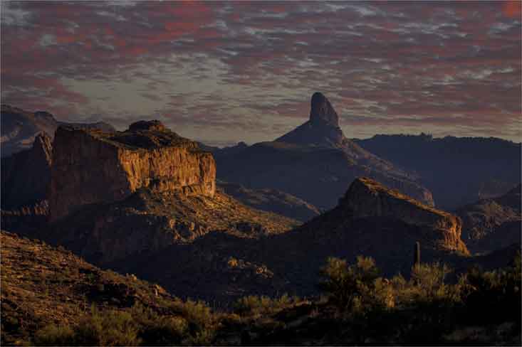 Arizona's Superstition Mts. with Battleship Mt. at left and Weaver's Needle poking the sky.

