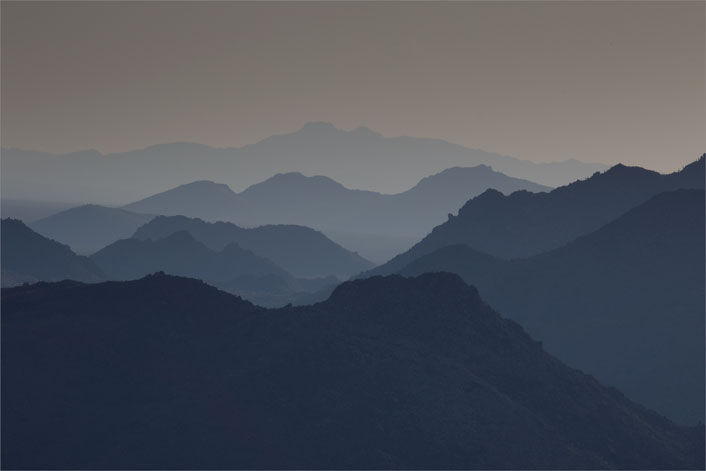 From the southern edge of the Weaver Mts. looking west in the late afternoon toward other southern Arizona ranges.